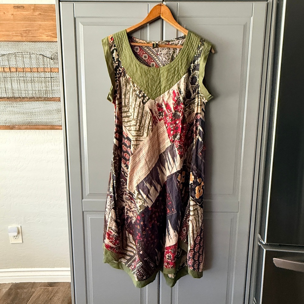 Sacred Threads Womens Boho Mixed Print Patchwork Midi Dress, Green, L